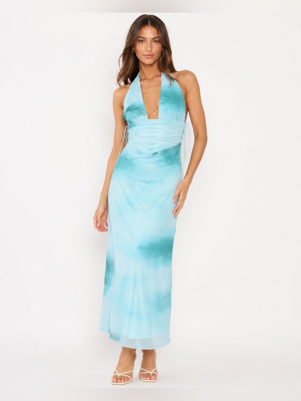 NWT Zara Aqua Watercolor Halter Midi Dress Size L